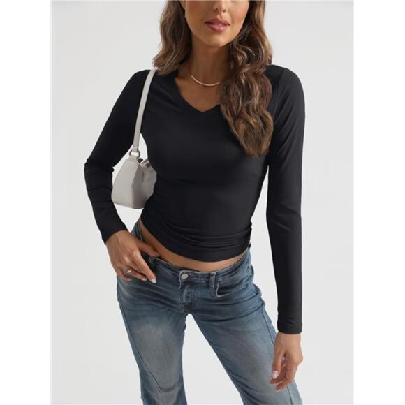 V-Neck Long Sleeve Crop Top – Stretchy Slim Fit Y2K Basic Tee - Picture 5 of 6